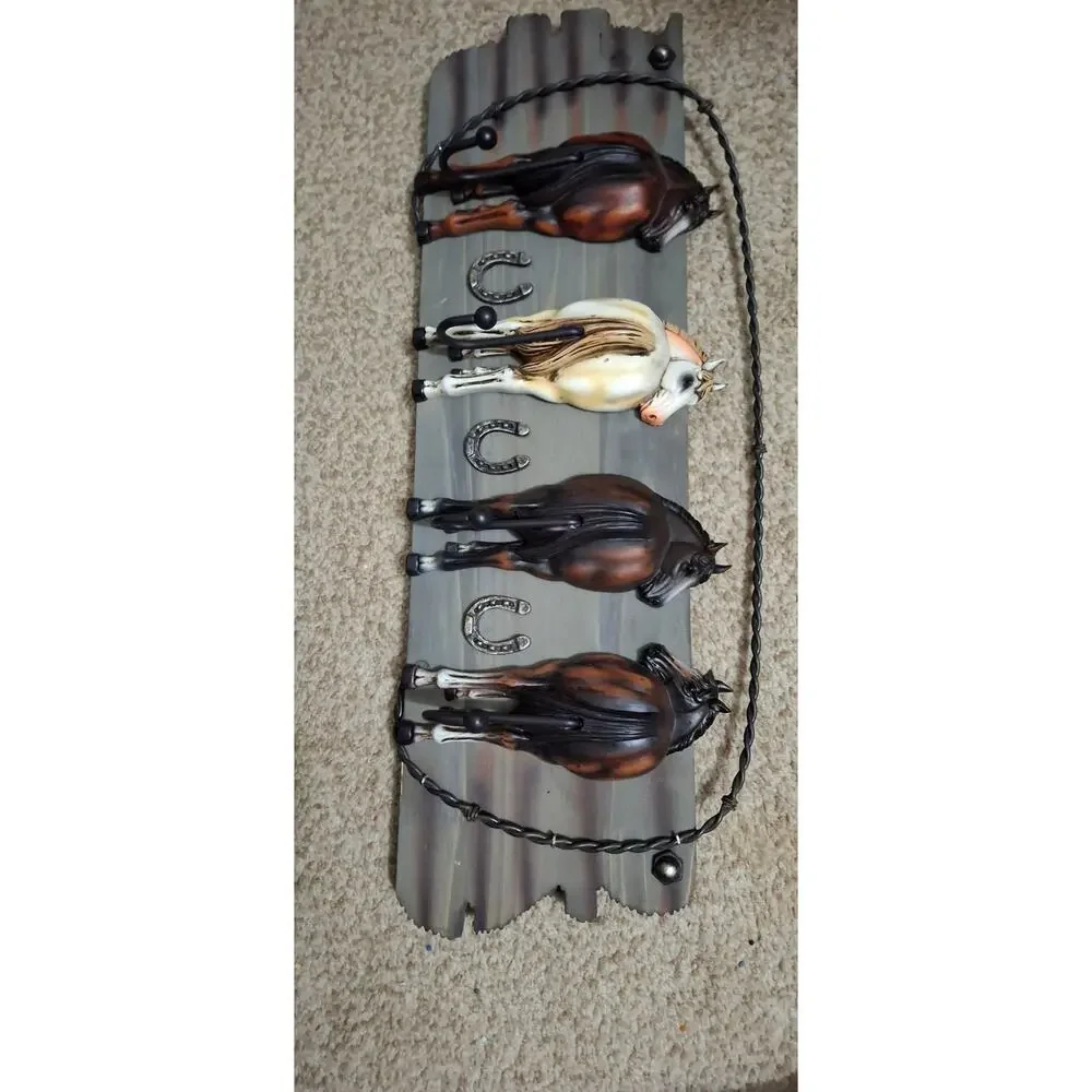 Country Chic Western Horseshoes & Horses Wall Mount Coat Hanger Hooks Organizer